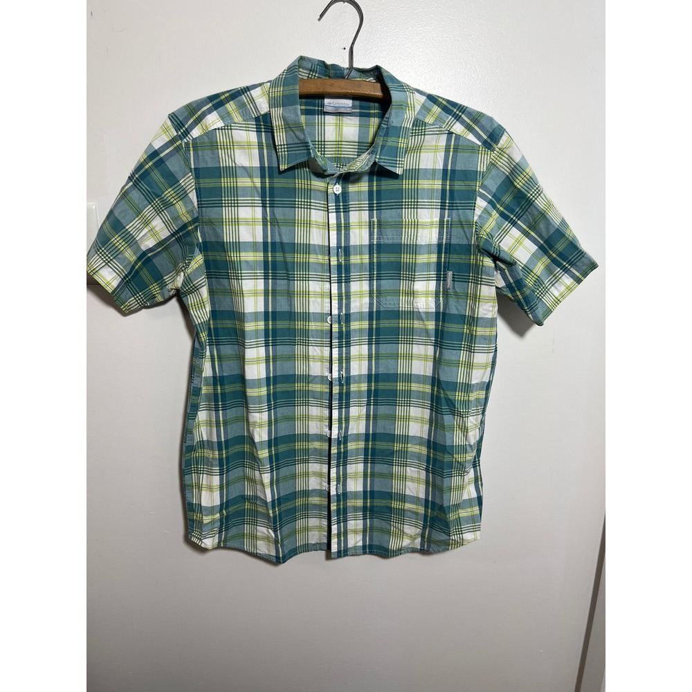 Columbia Mens Short Sleeve Plaid Button Down Shirt Green Teal White Size M